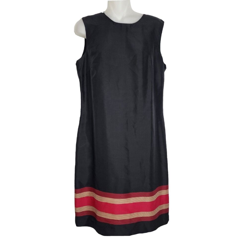 Coldwater Creek Dress Size 12 100% Silk Black Sleeveless Sheath Striped Hemline